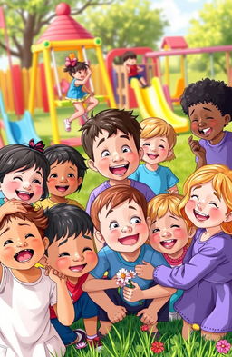 A vibrant scene depicting children expressing a range of emotions on their faces, including joy, sadness, surprise, and curiosity