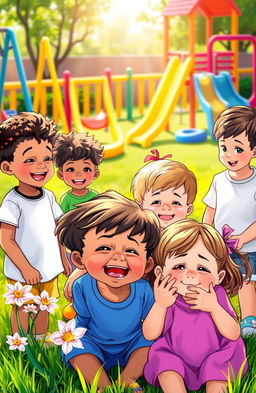 A vibrant scene depicting children expressing a range of emotions on their faces, including joy, sadness, surprise, and curiosity