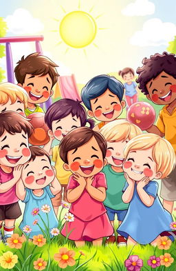 A vibrant scene depicting children expressing a range of emotions on their faces, including joy, sadness, surprise, and curiosity