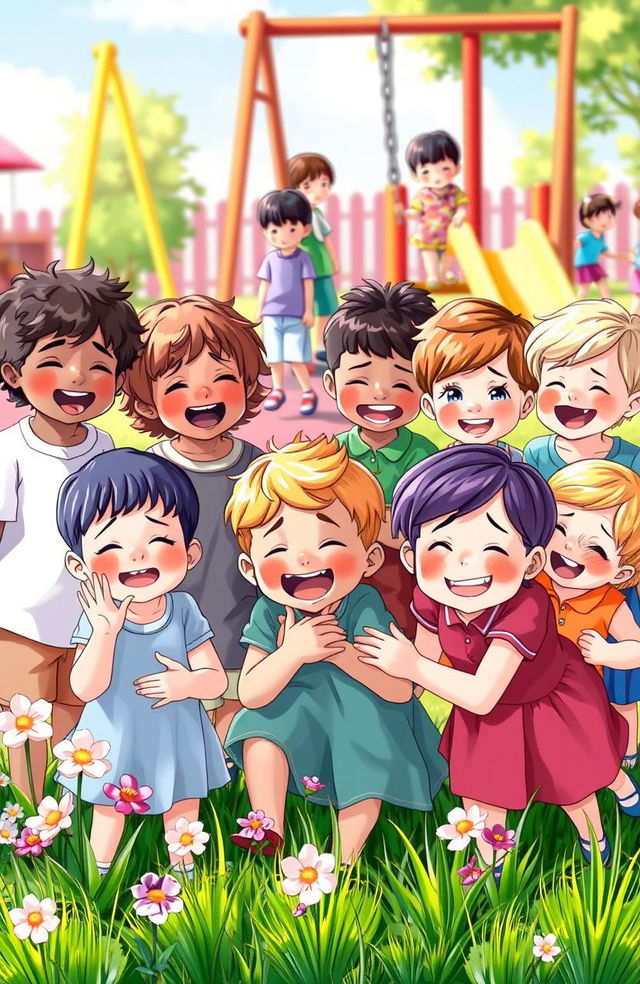 A vibrant scene depicting children expressing a range of emotions on their faces, including joy, sadness, surprise, and curiosity