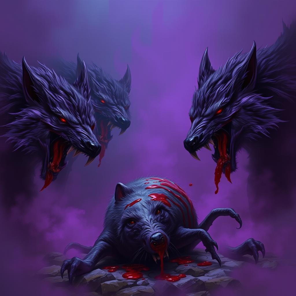 In a dark and ominous setting, purple mutated wolves snarl fiercely at the bloody corpse of a dead giant rat, highlighting the intense atmosphere