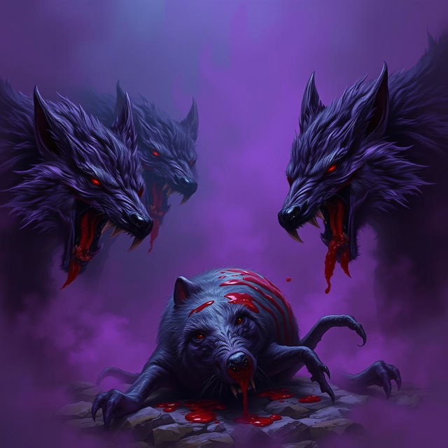 In a dark and ominous setting, purple mutated wolves snarl fiercely at the bloody corpse of a dead giant rat, highlighting the intense atmosphere