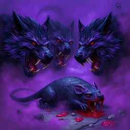 In a dark and ominous setting, purple mutated wolves snarl fiercely at the bloody corpse of a dead giant rat, highlighting the intense atmosphere