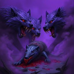 In a dark and ominous setting, purple mutated wolves snarl fiercely at the bloody corpse of a dead giant rat, highlighting the intense atmosphere