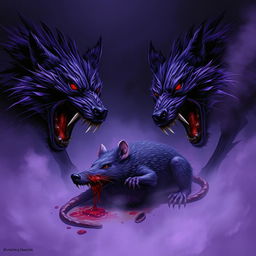 In a dark and ominous setting, purple mutated wolves snarl fiercely at the bloody corpse of a dead giant rat, highlighting the intense atmosphere