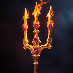 A dazzling trident made of shimmering gold and adorned with vibrant ruby flames, each prong of the trident ending in a glowing fireball that radiates heat and energy