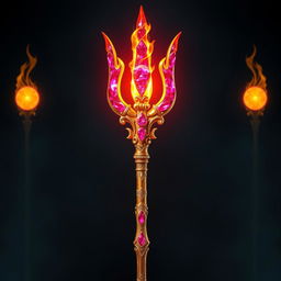A dazzling trident made of shimmering gold and adorned with vibrant ruby flames, each prong of the trident ending in a glowing fireball that radiates heat and energy
