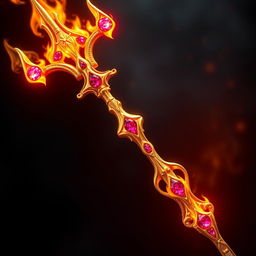 A dazzling trident made of shimmering gold and adorned with vibrant ruby flames, each prong of the trident ending in a glowing fireball that radiates heat and energy