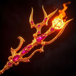 A dazzling trident made of shimmering gold and adorned with vibrant ruby flames, each prong of the trident ending in a glowing fireball that radiates heat and energy