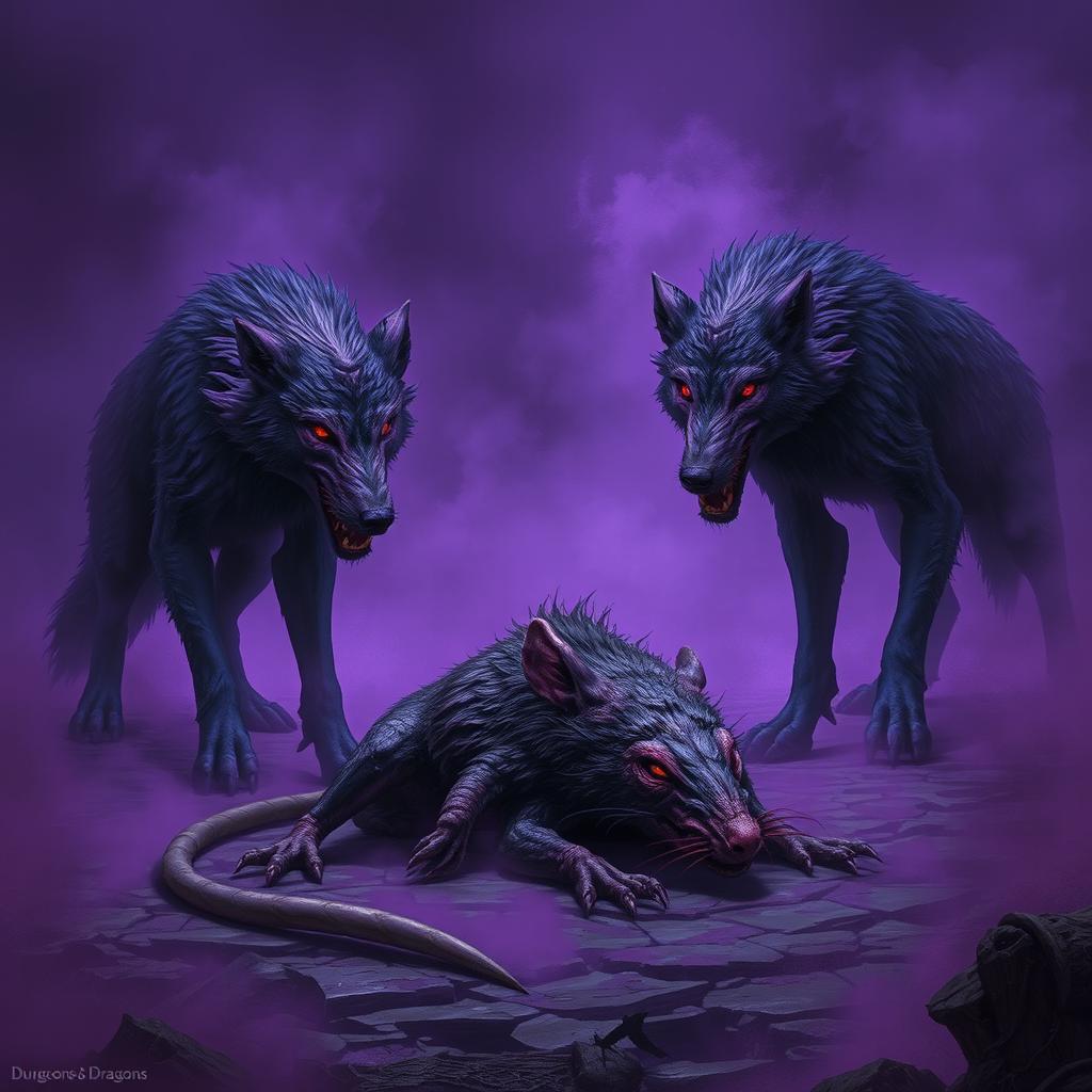 In a dark and mysterious setting, purple mutated wolves stand menacingly by the corpse of a dead giant rat, their actions indicating they are feasting on the carcass