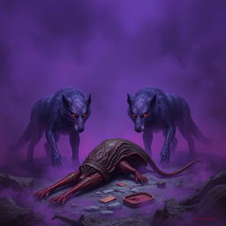 In a dark and mysterious setting, purple mutated wolves stand menacingly by the corpse of a dead giant rat, their actions indicating they are feasting on the carcass