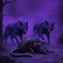 In a dark and mysterious setting, purple mutated wolves stand menacingly by the corpse of a dead giant rat, their actions indicating they are feasting on the carcass