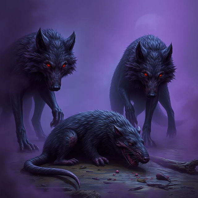 In a dark and mysterious setting, purple mutated wolves stand menacingly by the corpse of a dead giant rat, their actions indicating they are feasting on the carcass