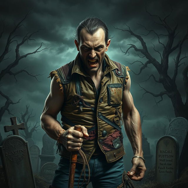 A detailed and dramatic depiction of an angry gravedigger, wearing a vest made of flesh that resembles various textures and patterns, showcasing an eerie yet fascinating look