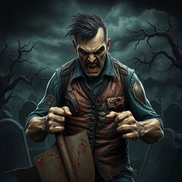 A detailed and dramatic depiction of an angry gravedigger, wearing a vest made of flesh that resembles various textures and patterns, showcasing an eerie yet fascinating look
