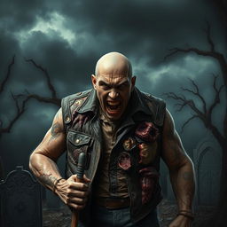 A detailed and dramatic depiction of an angry gravedigger, wearing a vest made of flesh that resembles various textures and patterns, showcasing an eerie yet fascinating look