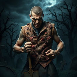 A detailed and dramatic depiction of an angry gravedigger, wearing a vest made of flesh that resembles various textures and patterns, showcasing an eerie yet fascinating look
