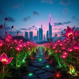 A visually stunning scene depicting the entrance to a cybernetic opium field, filled with luminescent, futuristic plants that blend organic forms with technological elements