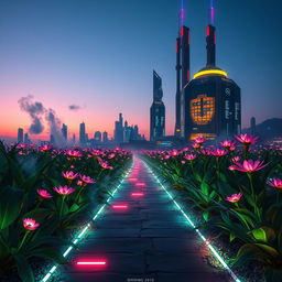 A visually stunning scene depicting the entrance to a cybernetic opium field, filled with luminescent, futuristic plants that blend organic forms with technological elements