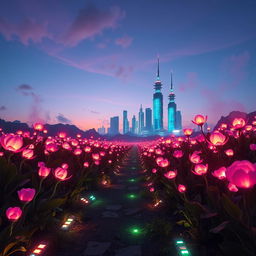 A visually stunning scene depicting the entrance to a cybernetic opium field, filled with luminescent, futuristic plants that blend organic forms with technological elements