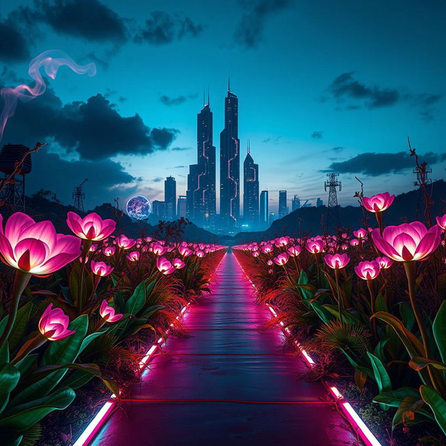 A visually stunning scene depicting the entrance to a cybernetic opium field, filled with luminescent, futuristic plants that blend organic forms with technological elements