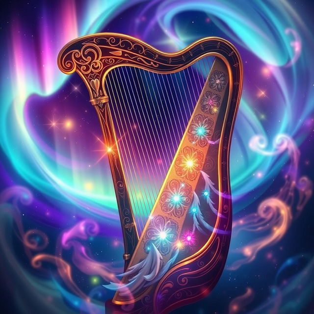 A magical harp radiating beams of light, surrounded by swirling colorful energy