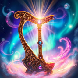 A magical harp radiating beams of light, surrounded by swirling colorful energy