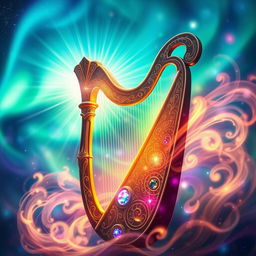 A magical harp radiating beams of light, surrounded by swirling colorful energy