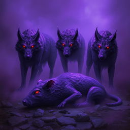 In a dark and eerie setting, purple mutated undead wolves stand watchfully by the corpse of a large dead rat, confirming its lifelessness