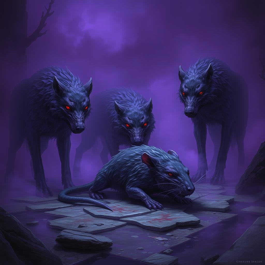 In a dark and eerie setting, purple mutated undead wolves stand watchfully by the corpse of a large dead rat, confirming its lifelessness