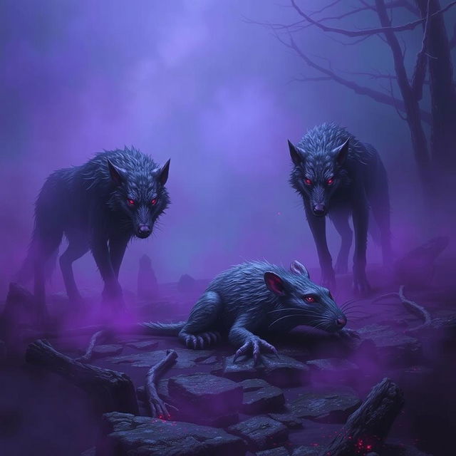 In a dark and eerie setting, purple mutated undead wolves stand watchfully by the corpse of a large dead rat, confirming its lifelessness