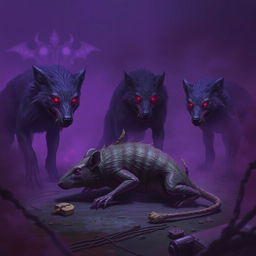 In a dark and eerie setting, purple mutated undead wolves stand watchfully by the corpse of a large dead rat, confirming its lifelessness
