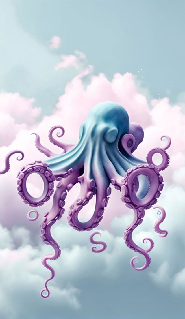 A pastel-colored octopus floating amidst minimalist clouds.