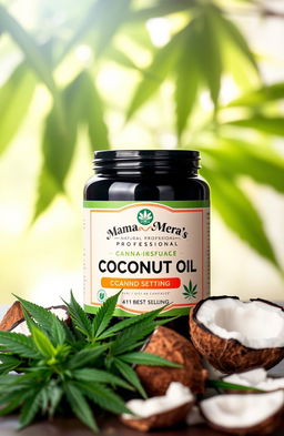 An attractive, high-quality image featuring a sleek jar of cannabis-infused coconut oil with a label that reads 'Mama Mera's Natural Professional #1 Best Selling'