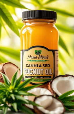 An attractive, high-quality image featuring a sleek jar of cannabis-infused coconut oil with a label that reads 'Mama Mera's Natural Professional #1 Best Selling'