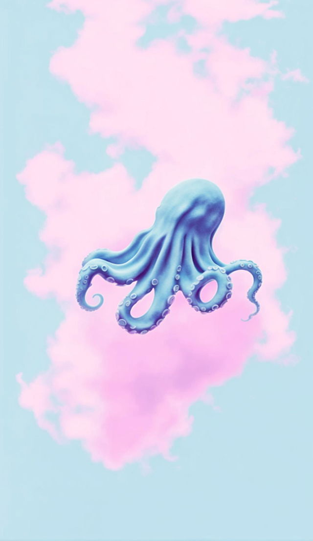 A vintage-style octopus made of clouds floating serenely in a pastel sky, embodying a minimalist and lo-fi aesthetic.