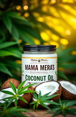 An attractive, high-quality image featuring a sleek jar of cannabis-infused coconut oil with a label that reads 'Mama Mera's Natural Professional #1 Best Selling'