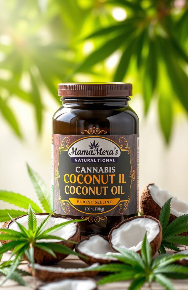 An attractive, high-quality image featuring a sleek jar of cannabis-infused coconut oil with a label that reads 'Mama Mera's Natural Professional #1 Best Selling'