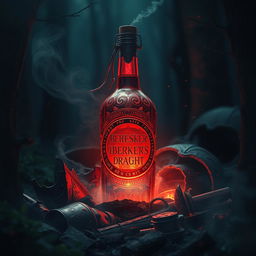 A mystical, glowing bottle of 'Berserker's Draught', situated in a dark, enchanted forest