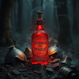 A mystical, glowing bottle of 'Berserker's Draught', situated in a dark, enchanted forest