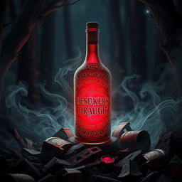 A mystical, glowing bottle of 'Berserker's Draught', situated in a dark, enchanted forest