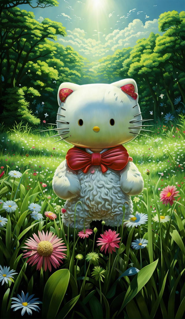 Hyper-realistic Hello Kitty with soft, fuzzy fur standing in a lush meadow under dappled sunlight.