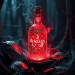 A mystical, glowing bottle of 'Berserker's Draught', situated in a dark, enchanted forest