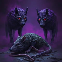 In a dark and eerie environment, purple undead rotting wolves stand near the lifeless corpse of a large dead rat, confirming its state of death
