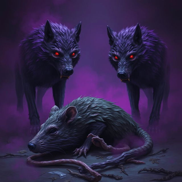 In a dark and eerie environment, purple undead rotting wolves stand near the lifeless corpse of a large dead rat, confirming its state of death