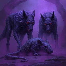 In a dark and eerie environment, purple undead rotting wolves stand near the lifeless corpse of a large dead rat, confirming its state of death