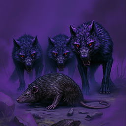 In a dark and eerie environment, purple undead rotting wolves stand near the lifeless corpse of a large dead rat, confirming its state of death