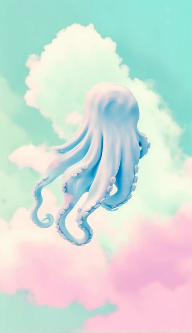 A cute cloud octopus floating in a pastel sky, embodying a minimalist and lo-fi aesthetic.