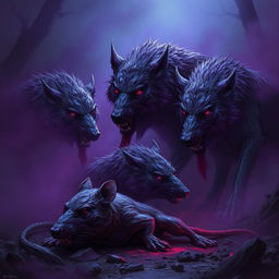 In a dark and eerie environment, purple undead rotting wolves stand near the lifeless corpse of a large dead rat, confirming its state of death