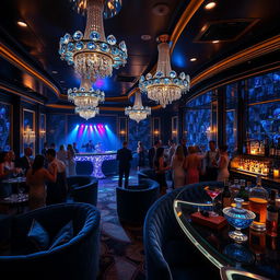 An enchanting scene of a luxurious night club named "Club of Sapphire", adorned with deep blue sapphire gemstones illuminating the room